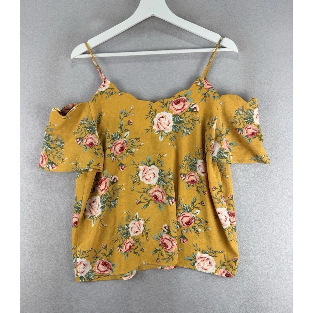 Monteau Women's Sz XL Mustard Yellow Floral‎ Print Cold Shoulder Blouse Top - Picture 3 of 8